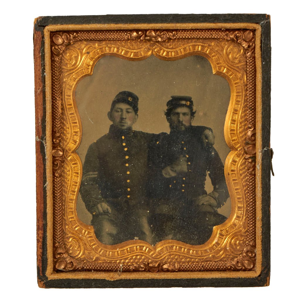 Original U.S. Civil War Sixth Plate Tintype of Two Union Infantry Soldiers in Kepis & Frock Coats in Partial Thermoplastic Case Original Items
