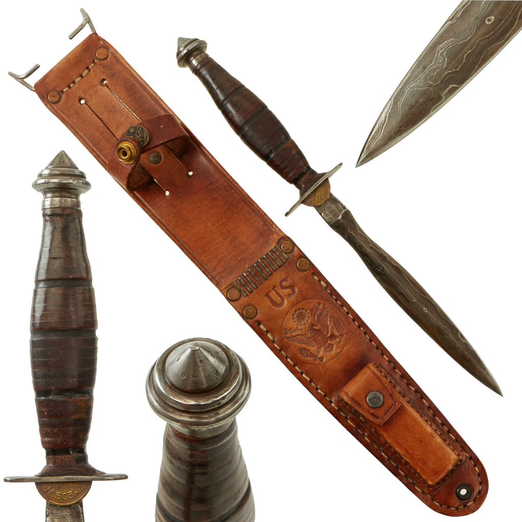Original U.S. WWII 503rd PIR Theater-Made V-42 Stiletto Style Fighting Knife with Damascus Blade & Outstanding M6-Style Sheath with Sharpening Stone - 11th Airborne Division Original Items