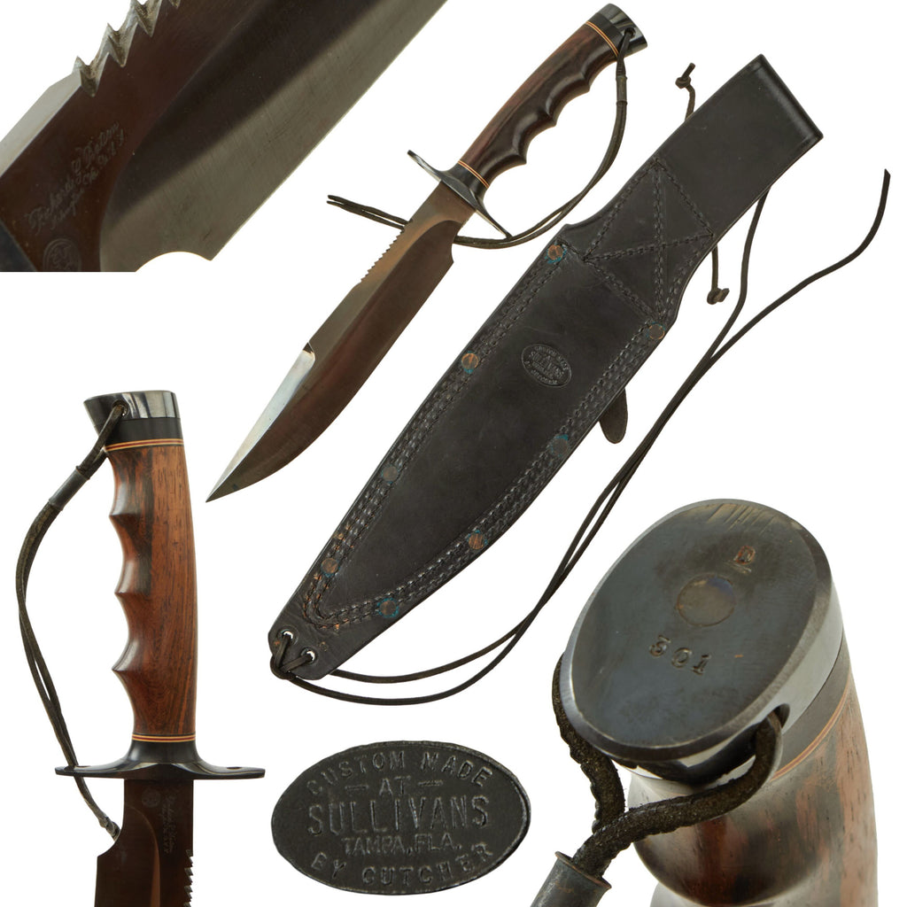 Original U.S. Vietnam War Richard Batson Large Size Ranger Fighting Knife Serial 301 in Correct Leather Sheath by Gutcher - Extremely Rare Original Items