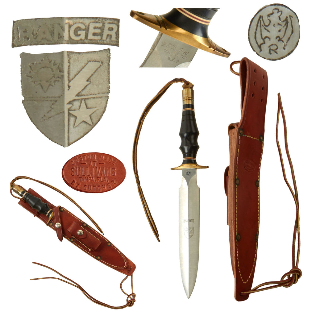 DRAFT Original U.S. Global War on Terror Era Richard Batson 75th Ranger Regiment Etched Fighting Knife in Correct Leather Sheath with Sharpening Stone by Gutcher - Extremely Rare Original Items