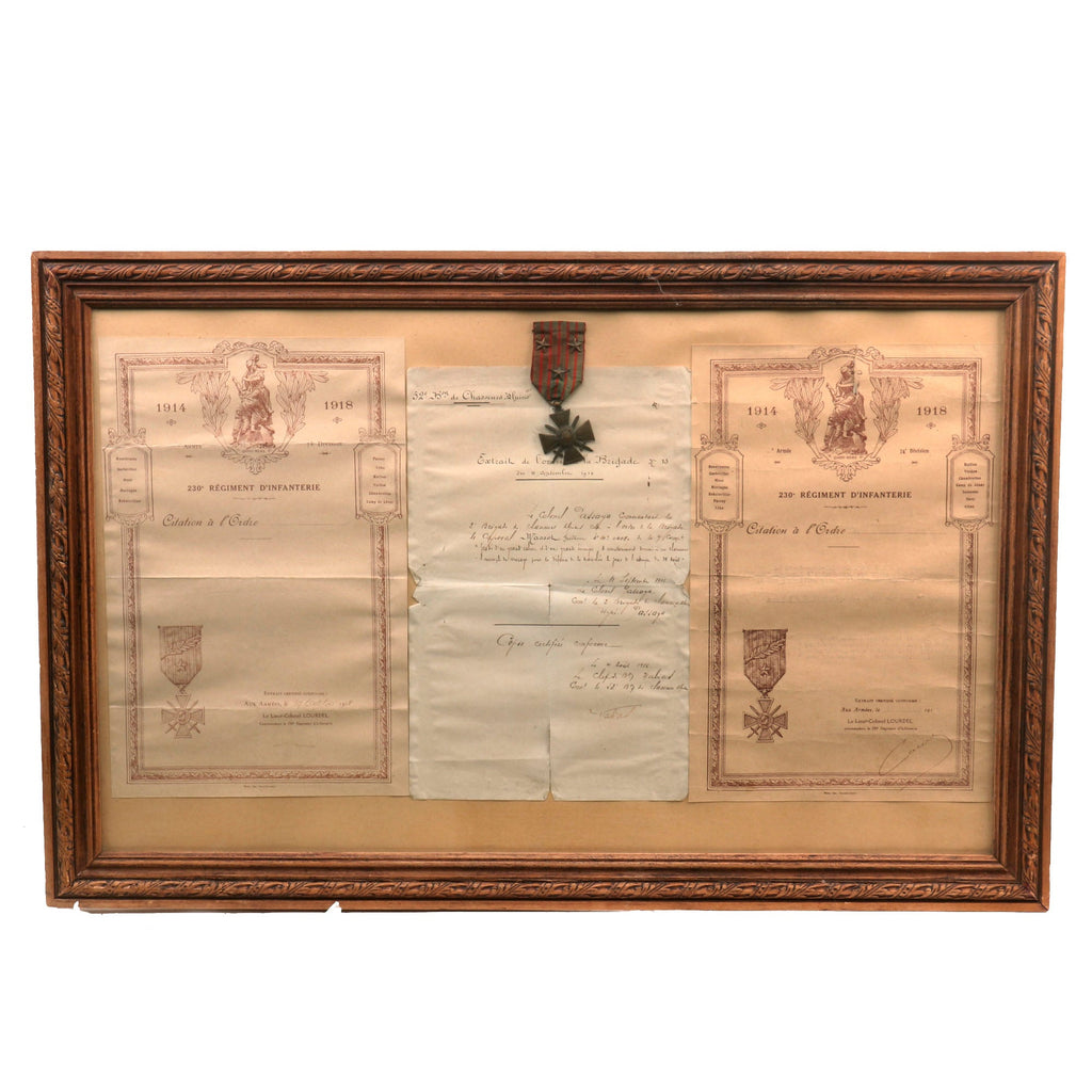 Original French WWI Framed Chasseurs Croix de Guerre Certificates & Medal to Corporal Frederic Massot - Triple Award - 18½ x 28” Original Items