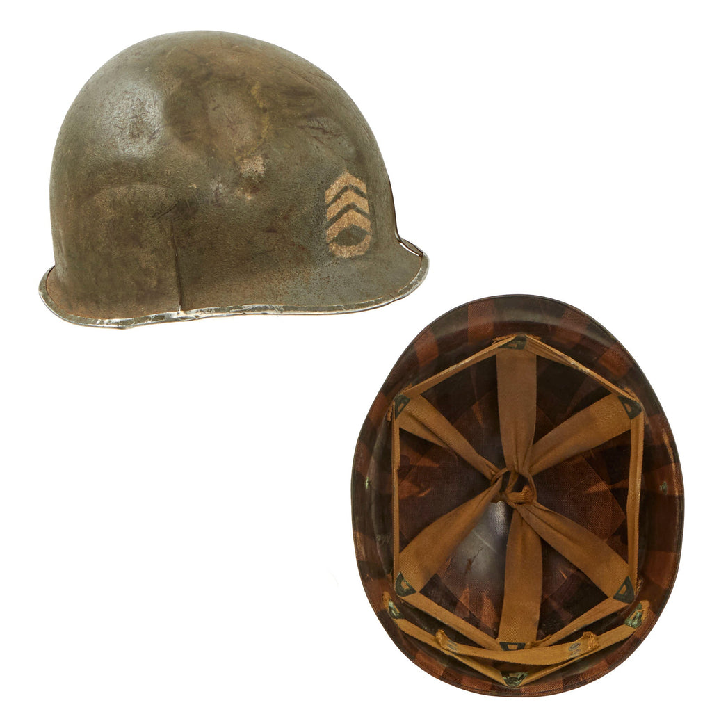 Original U.S. WWII 1942 26th Infantry Division “Barn Find” M1 McCord Front Seam Fixed Bale Helmet with Shell Inscriptions & MSA Liner - Staff Sergeant Painted Original Items