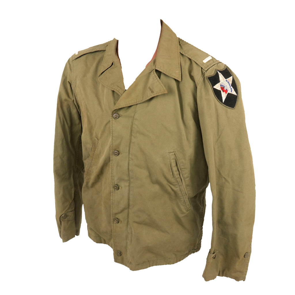 Original U.S. WWII M1941 Field Jacket with Period-Applied 2nd Infantry Division SSI & Lieutenant's Bars - Laundry Number Original Items