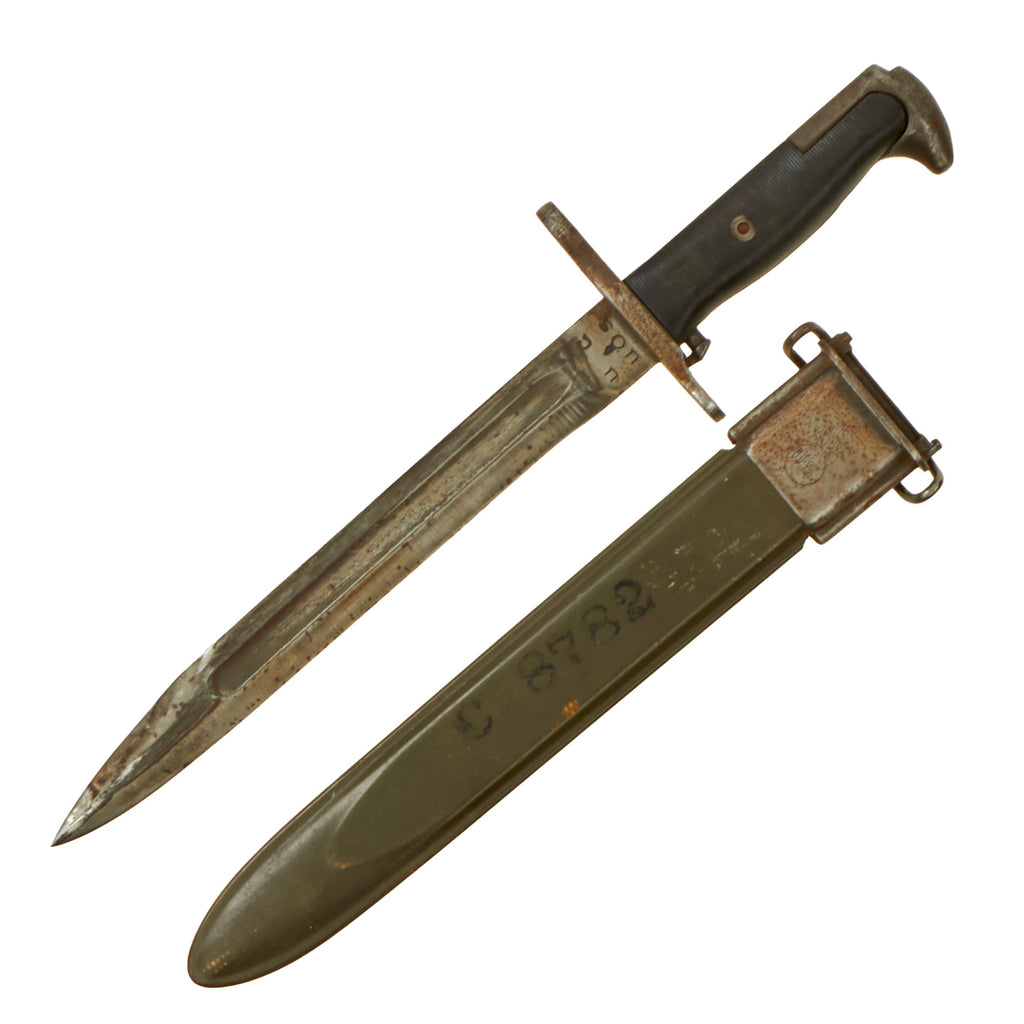 Original U.S. WWII M1 Garand 10 inch Bayonet by Utica Cutlery with Laundry Number Marked M7 Scabbard Original Items