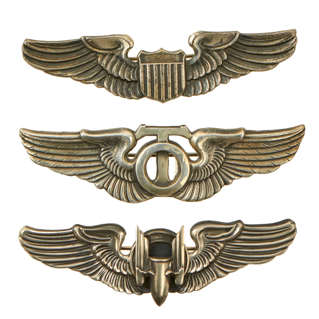 Original U.S. WWII USAAF Sterling Pilot, Technical Observer, and Aerial Gunner Wings by N.S. Meyer & Vanguard - Lot of Three Original Items