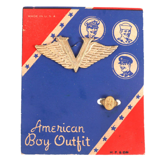 Original U.S. WWII Homefront “American Boy Outfit” Patriotic V for Victory Pin & Aviation Ring on Original Card Original Items