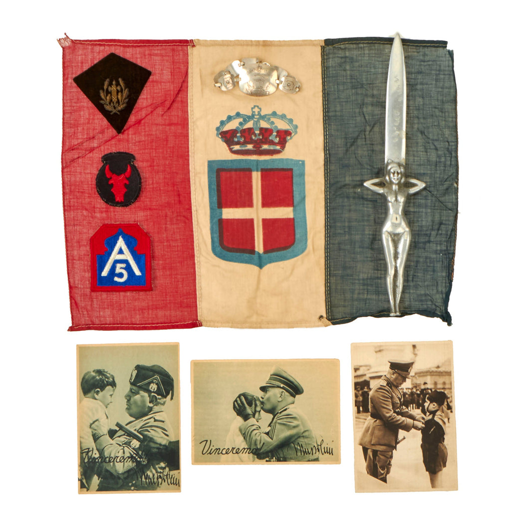 Original U.S. WWII Italian Veterans Souvenir Group - NAPLES 1945 Naked Lady Knife, Bracelet, Italian Flag, Insignia Original Items