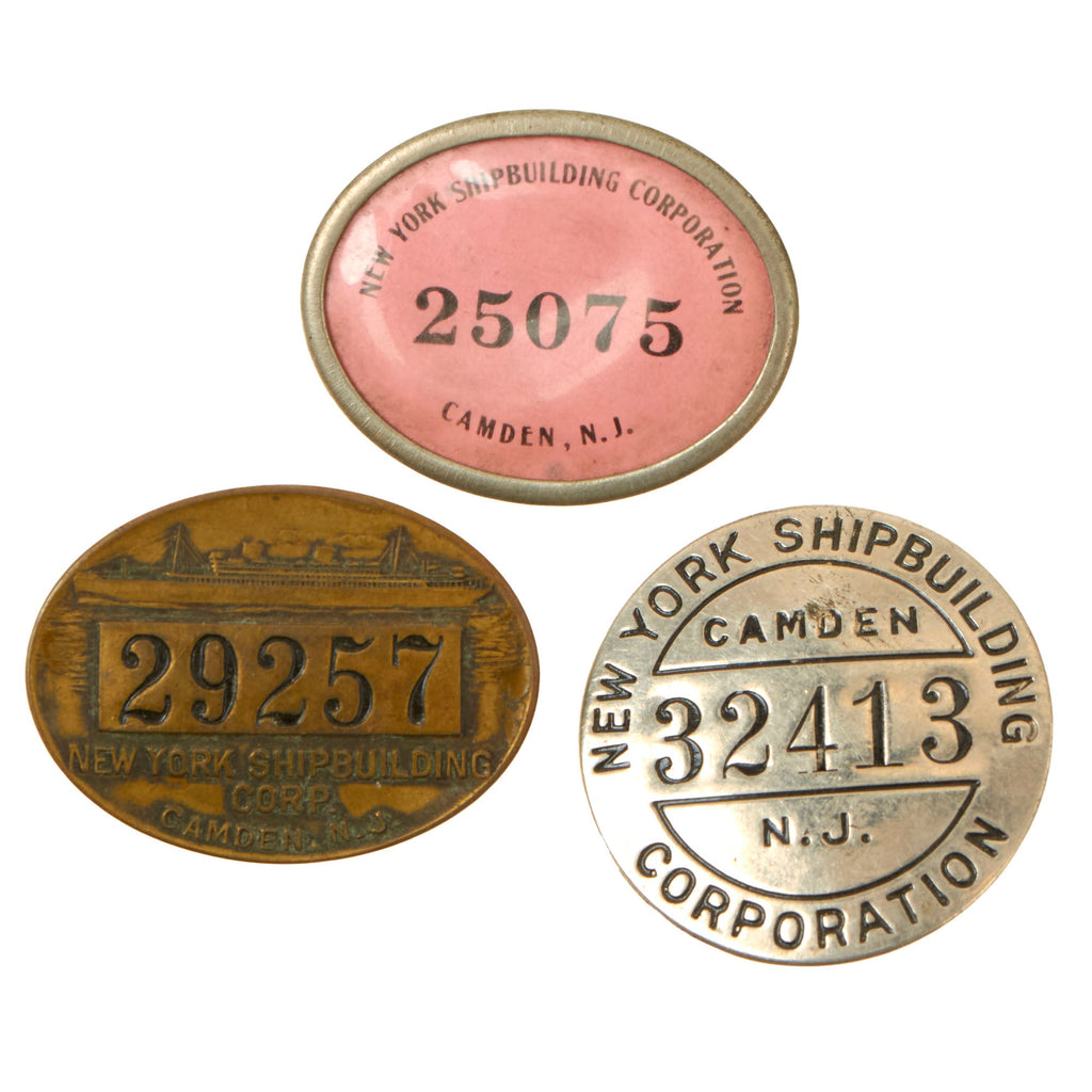 Original U.S. WWII Homefront New York Shipbuilding Corporation Camden, NJ Employee Badges - Lot of Three Original Items