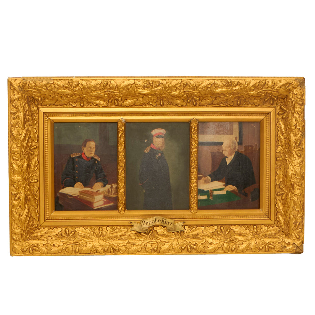 Original Imperial German Pre-WWI “Der alte Kurs” Framed Triptych Painting Set of Helmut von Moltke, Kaiser Wilhelm I, and Otto von Bismarck - 10 x 17” Original Items