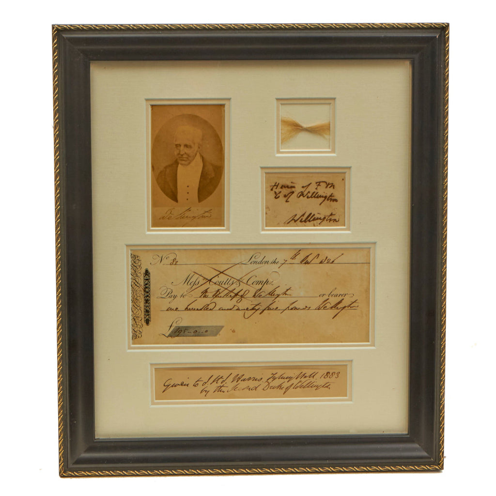 Original British Napoleonic Framed Duke of Wellington Ensemble Hair, Signed Check, & Carte de Visite with 1850 Letter of Provenance - 11⅞ x 13¾” Original Items