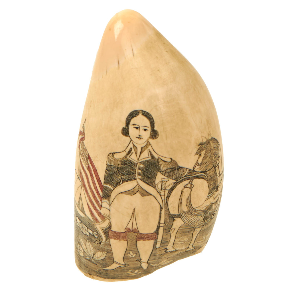 Original U.S. War of 1812 Era Scrimshaw Whaletooth with George Washington & Widow Theme Original Items