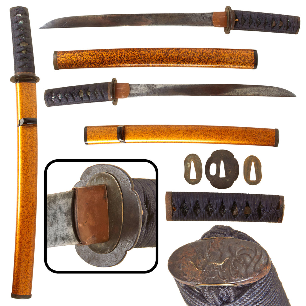 Original 18th Century Japanese Edo Period Handmade Tanto Short Sword with Highly Decorative Lacquered Scabbard Original Items