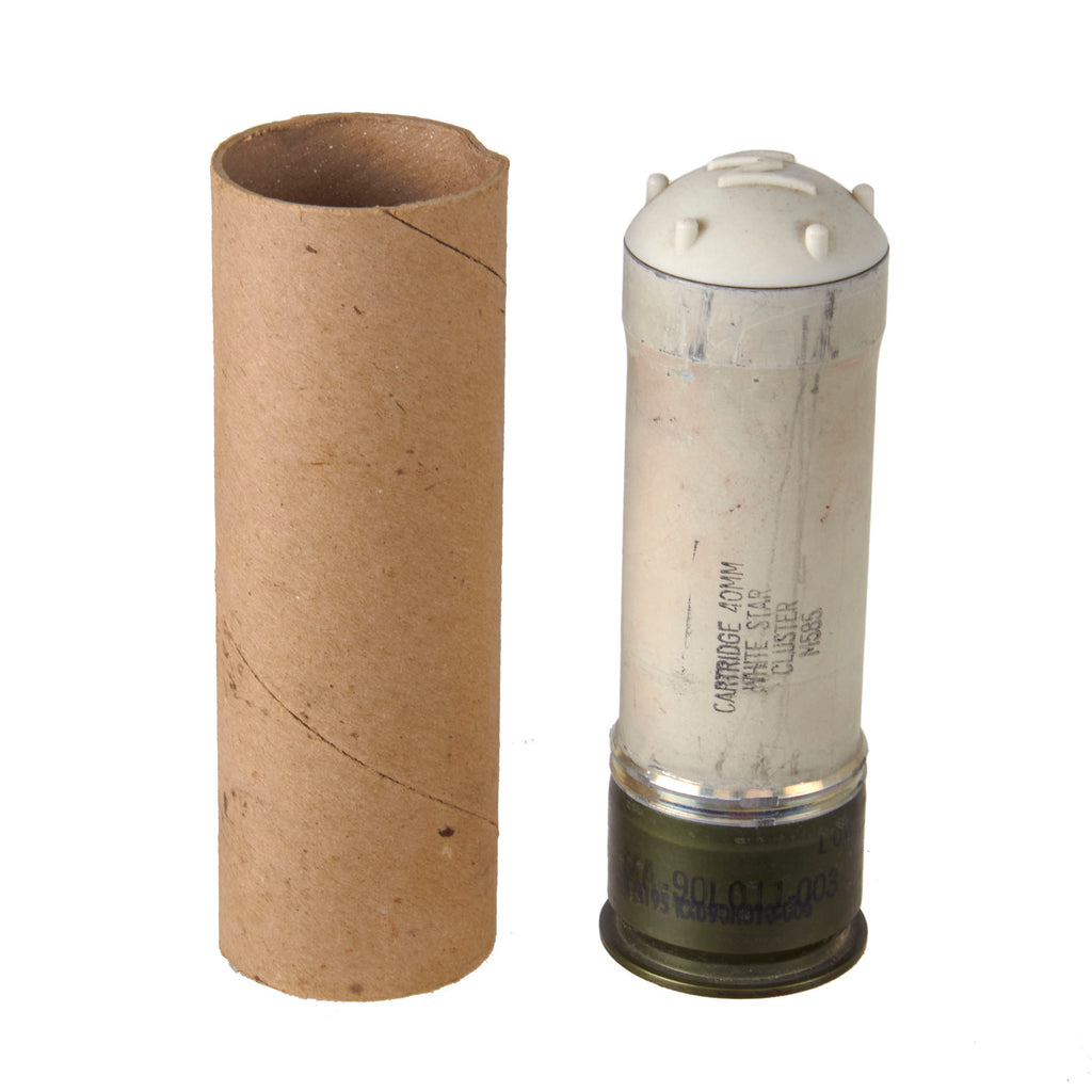 Original U.S. Cold War M585 40mm Parachute White Star Cluster Flare in Original Shipping Tube