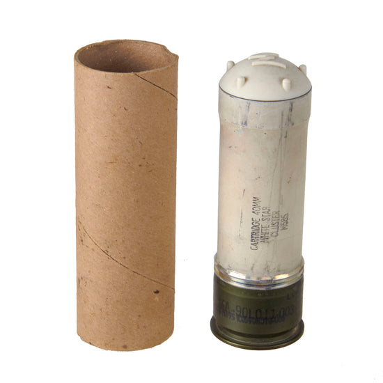 Original U.S. Cold War M585 40mm Parachute White Star Cluster Flare in Original Shipping Tube