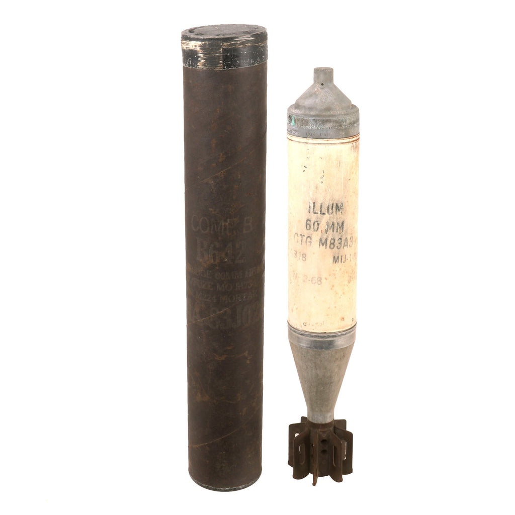 Original U.S. Vietnam War 60mm Mortar M83A3 Illuminating Cartridge (ILL) dated 1973 in Original Husk - Inert Original Items