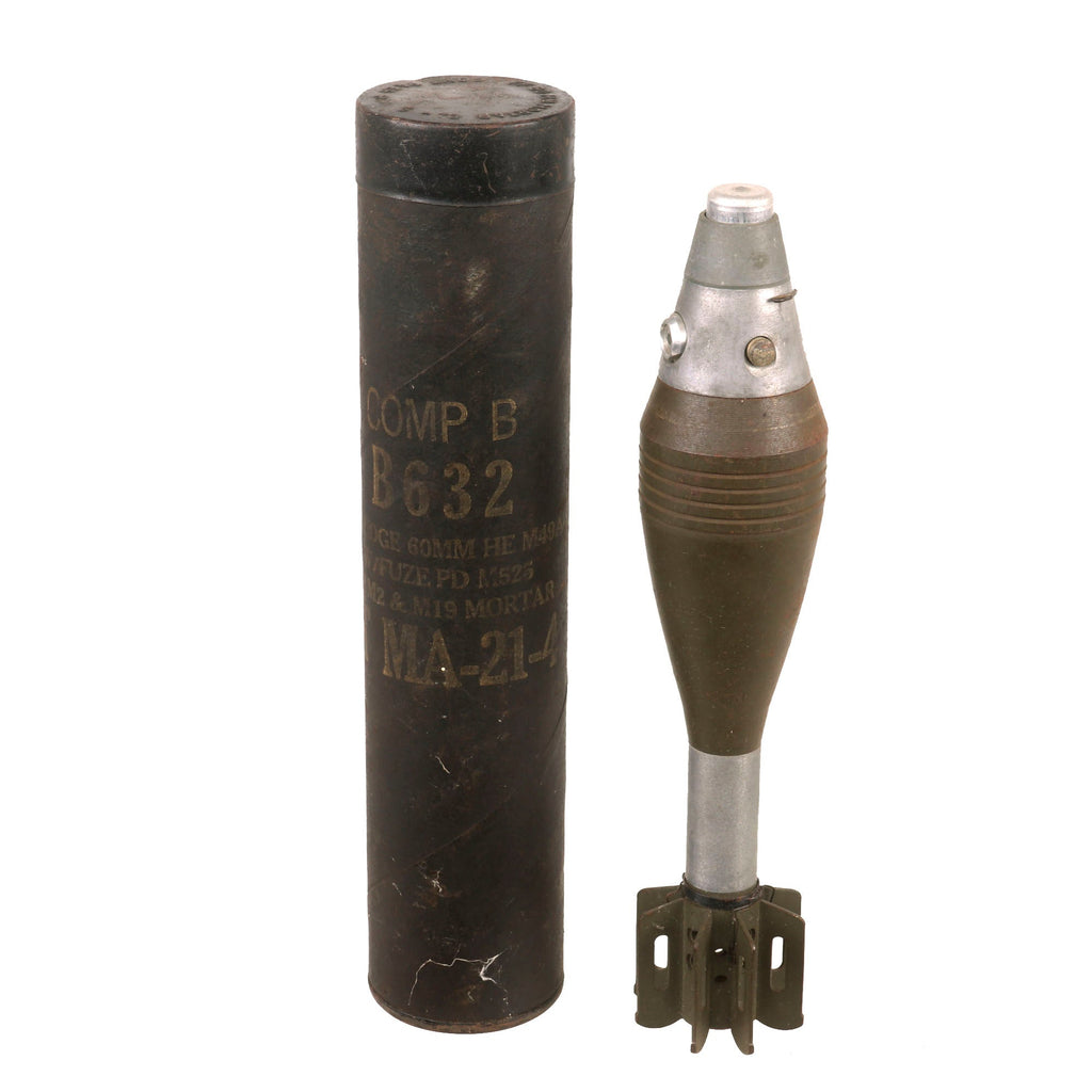 Original U.S. Vietnam War Inert 60mm HE M49A2 Mortar Round in Original Husk Container - Dated 1969 Original Items