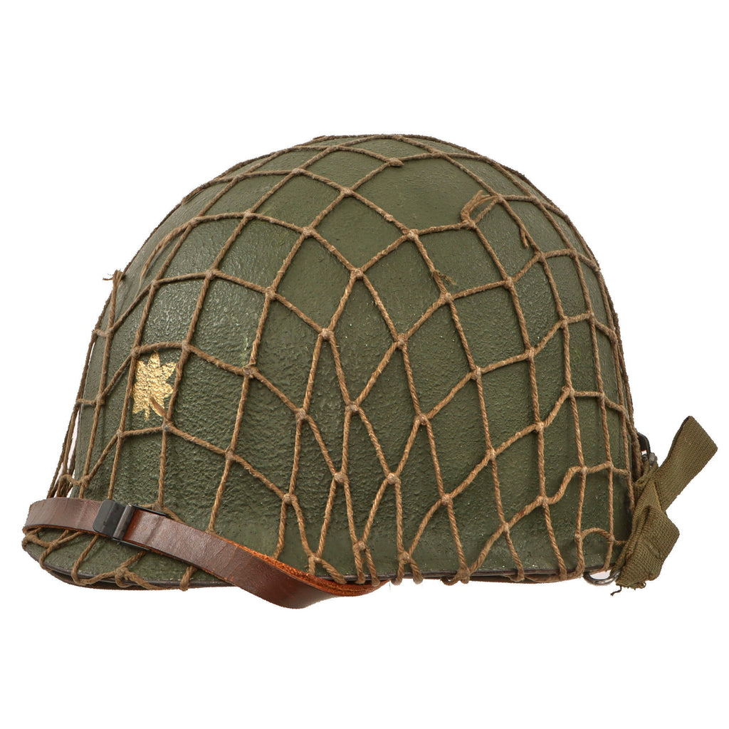 Original U.S. Korean War Era Major’s M1 Schlueter Rear Seam Swivel Bale Helmet with Westinghouse Liner & Helmet Net - Follow Me Bar Original Items