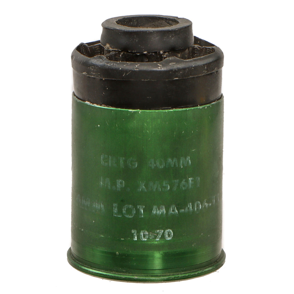 Original U.S. Vietnam War Inert 40mm XM576E1 High Velocity Buckshot Shotgun Round with XM199 Aluminum Case - Dated 1970 Original Items