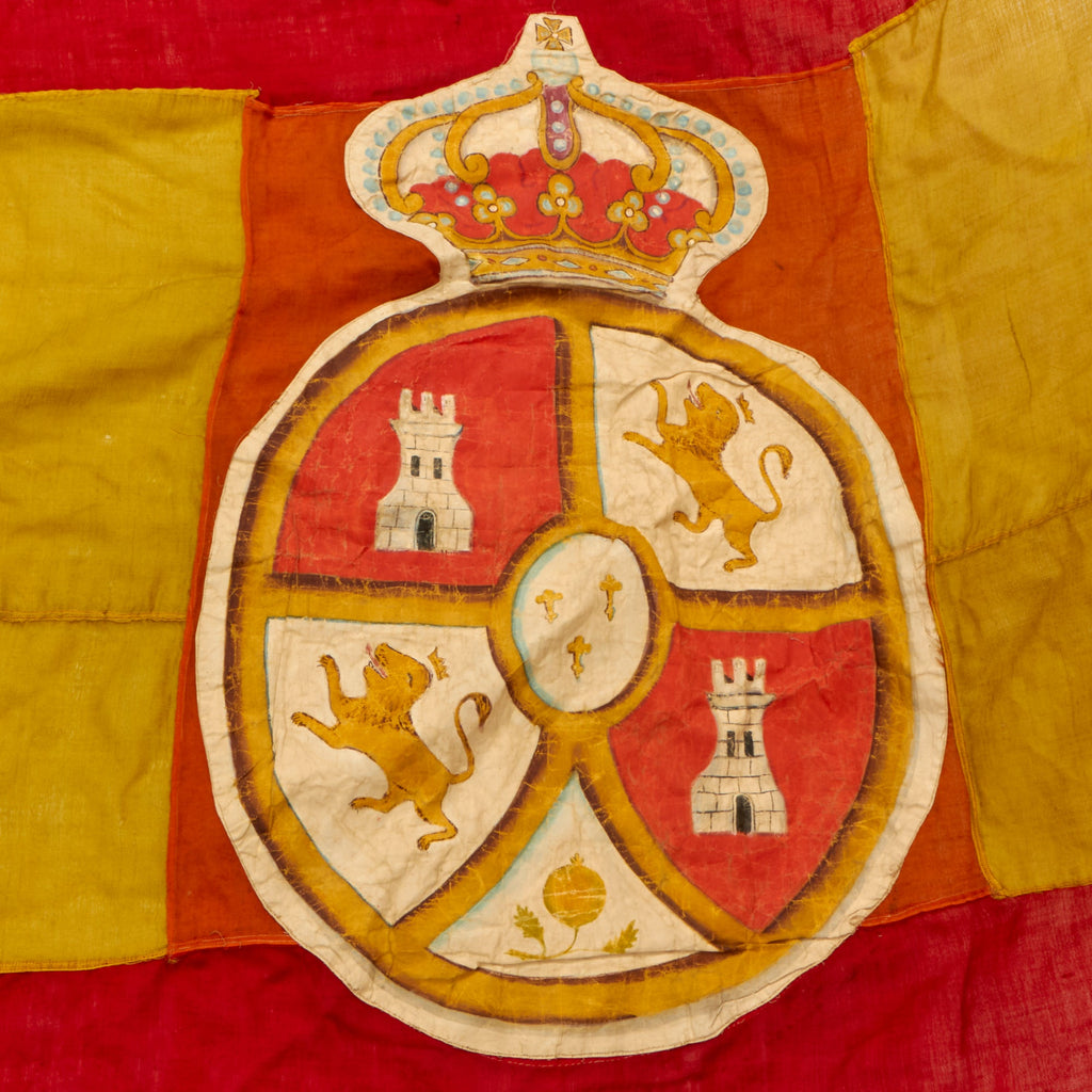 Original U.S. Spanish-American War Enormous Spanish Flag Captured by 16th Pennsylvania Volunteer Infantry at El Coto with Hand-Painted Royal Spanish Coat of Arms - 50 x 144” Original Items
