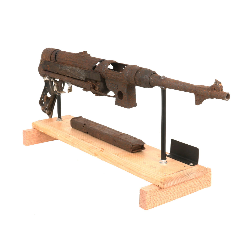 Original German WWII Battlefield "Dug Up" Relic MP 38 Inert Display Submachine Gun with Magazine on Stand - Maschinenpistole 38 Original Items
