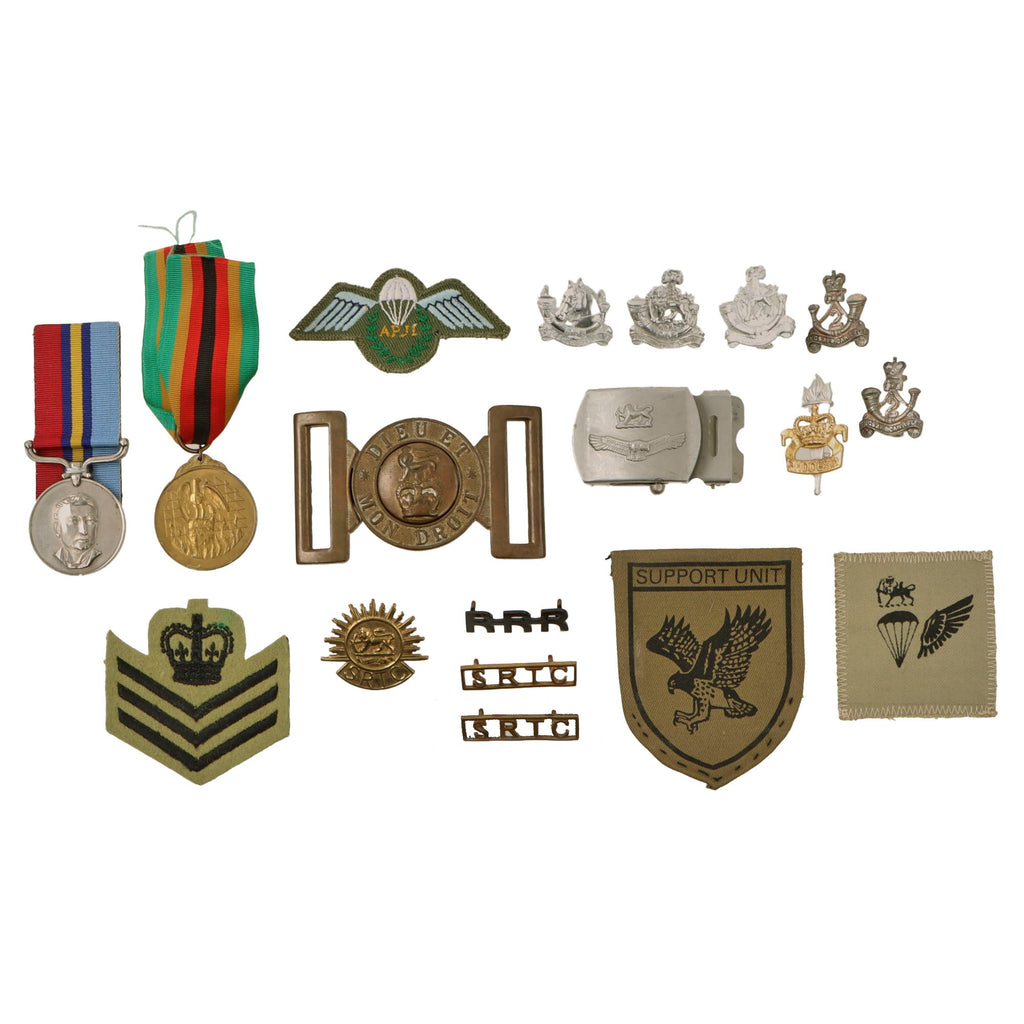 Original Rhodesian Bush War to Modern Era Military Insignia Lot with Medals, Belt Buckles, Patches, and More Original Items