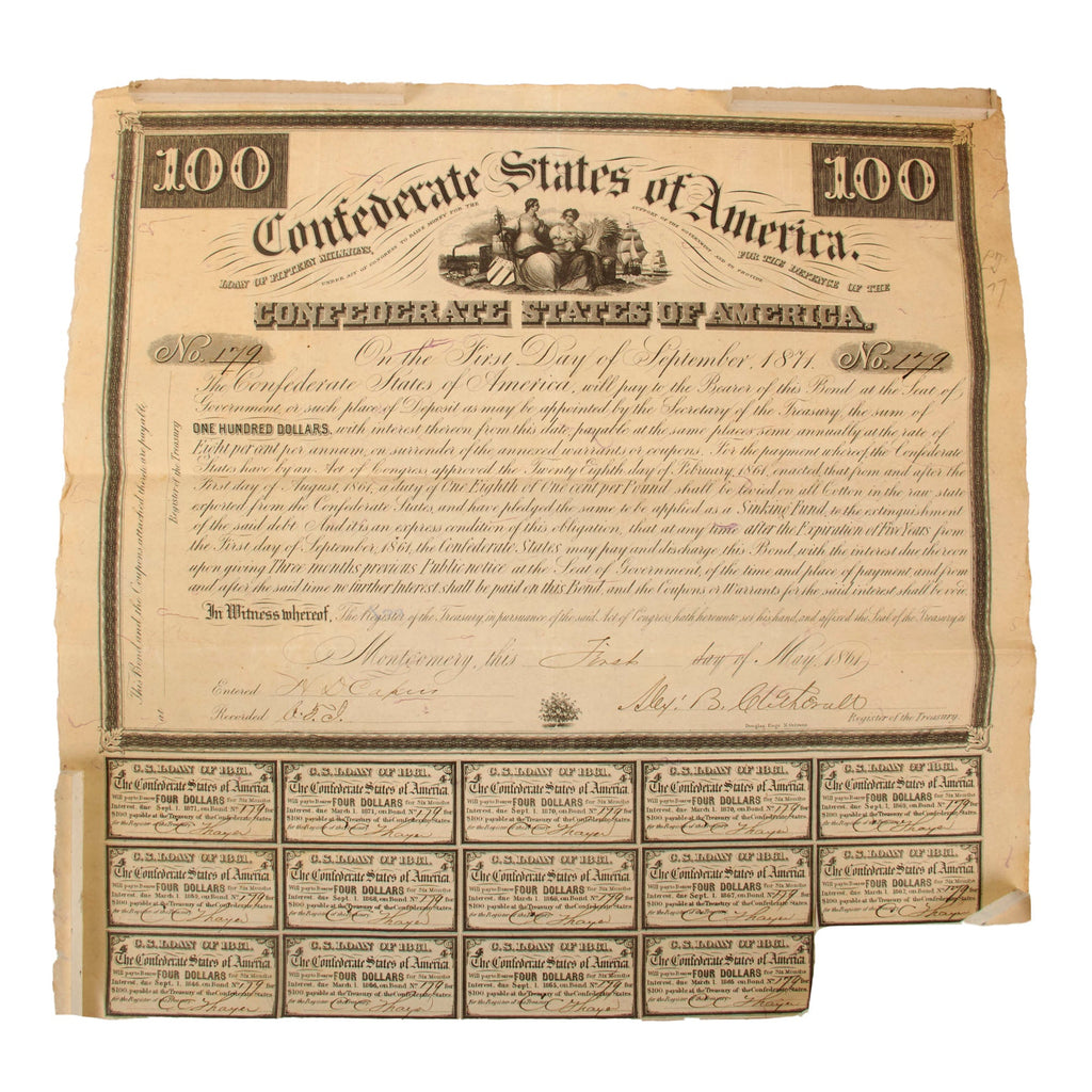 Original U.S. Civil War Confederate States of America $100 Bond Dated May 1861 - 13½ x 14” Original Items