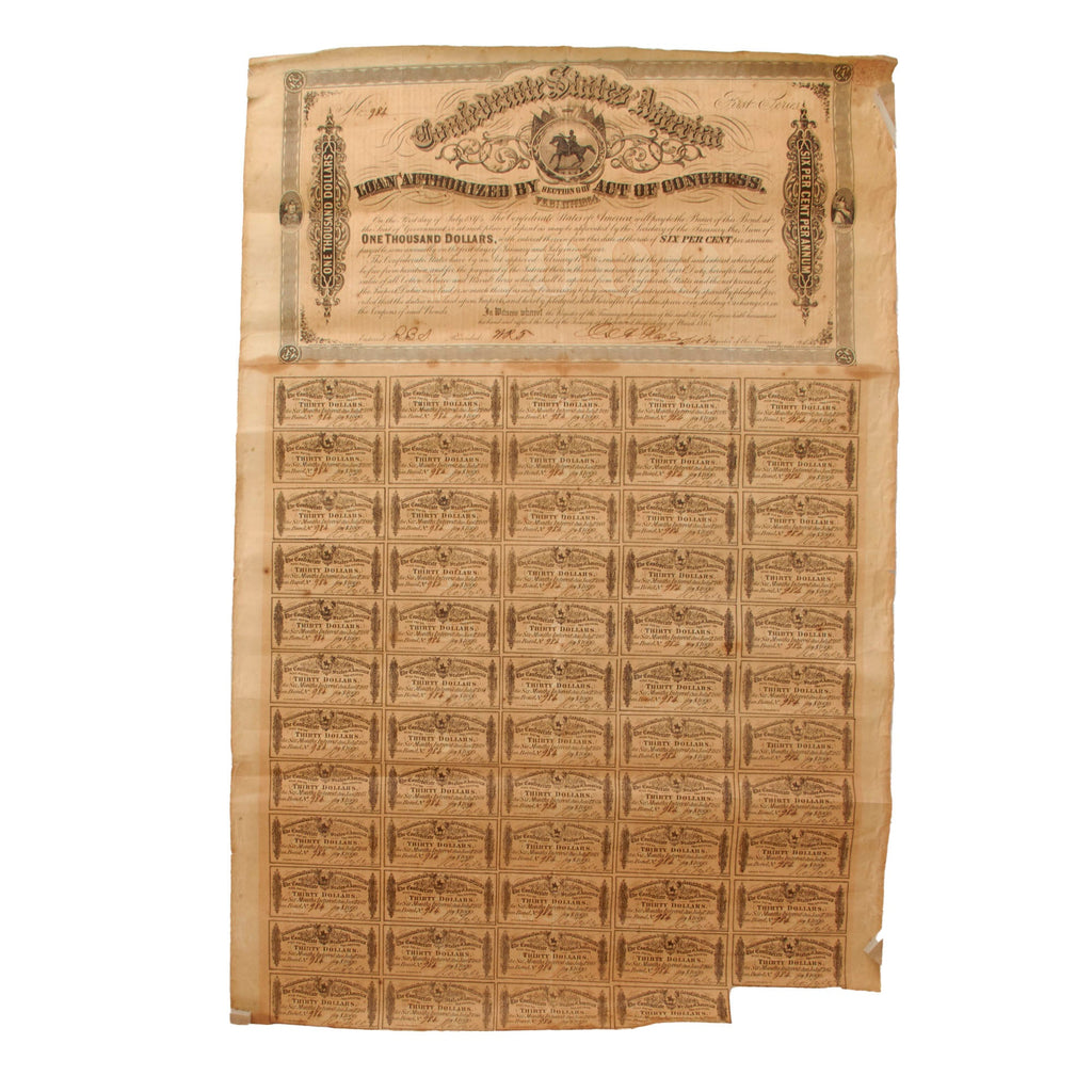 Original U.S. Civil War Confederate States of America $1000 First Series Bond Dated March 1864 - 16 ½ x 26” Original Items