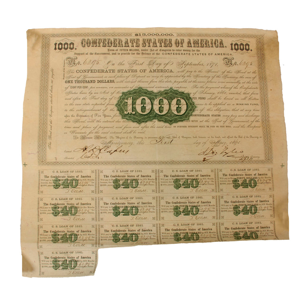 Original U.S. Civil War Confederate States of America $1000 Montgomery Bond Dated May 1861 - 11 ½ x 13 ⅝” Original Items