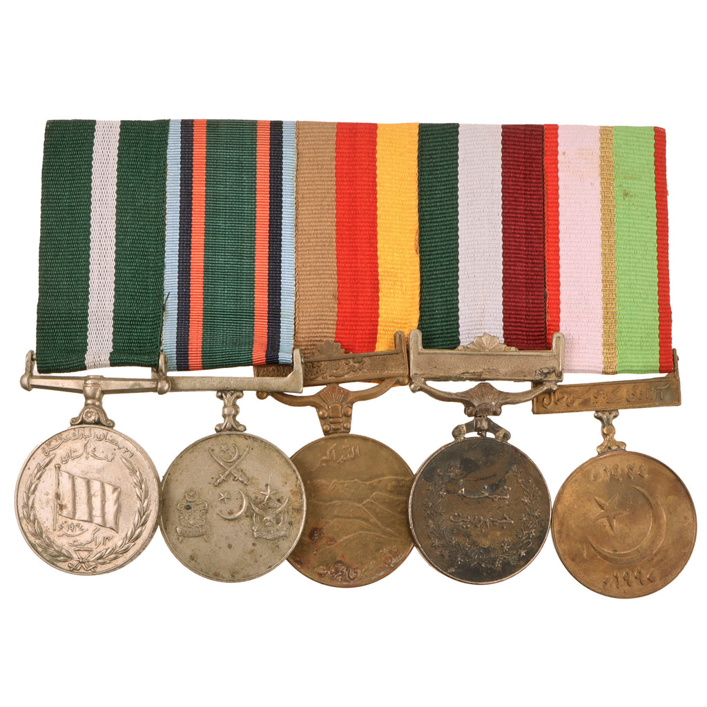 Original Pakistani Cold War Era Army Medal Bar with Five Medals - One Engraved on Rim to Hav Shaki Mohd of 8th Punjab Original Items