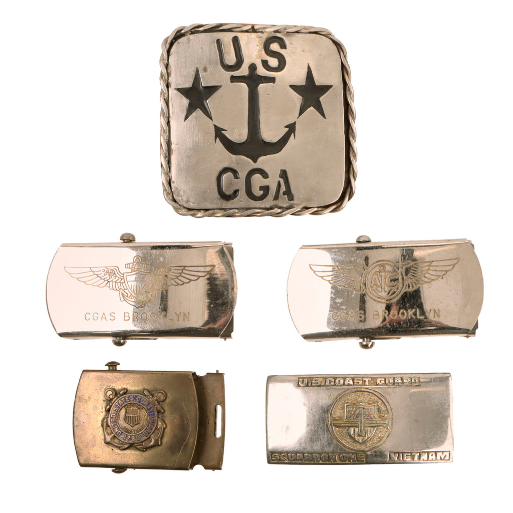 Original U.S. WWII Through Vietnam War Coast Guard Personalized Belt Buckle Lot - Five Total Original Items