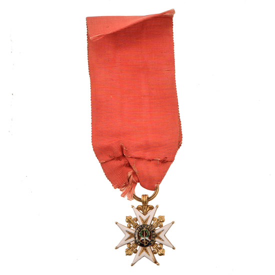 Original French Napoleonic Era Royal and Military Order of St. Louis Knight’s Cross in Reduced Size with Ribbon - Cross Made of Gold