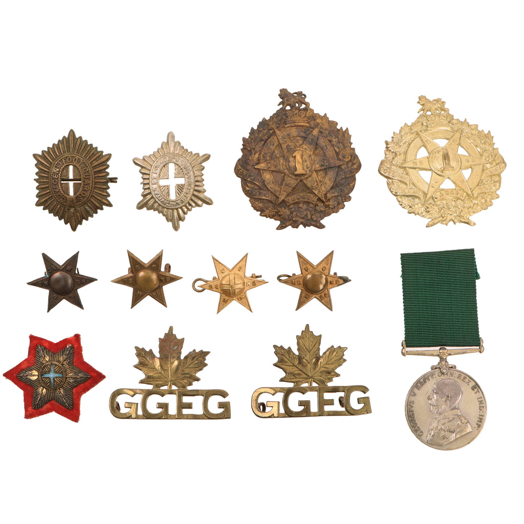 Original Canadian WWI Era Governor General’s Foot Guards Medal & Insignia Lot with Rim-Engraved Colonial Auxiliary Forces Long Service Medal and Badges