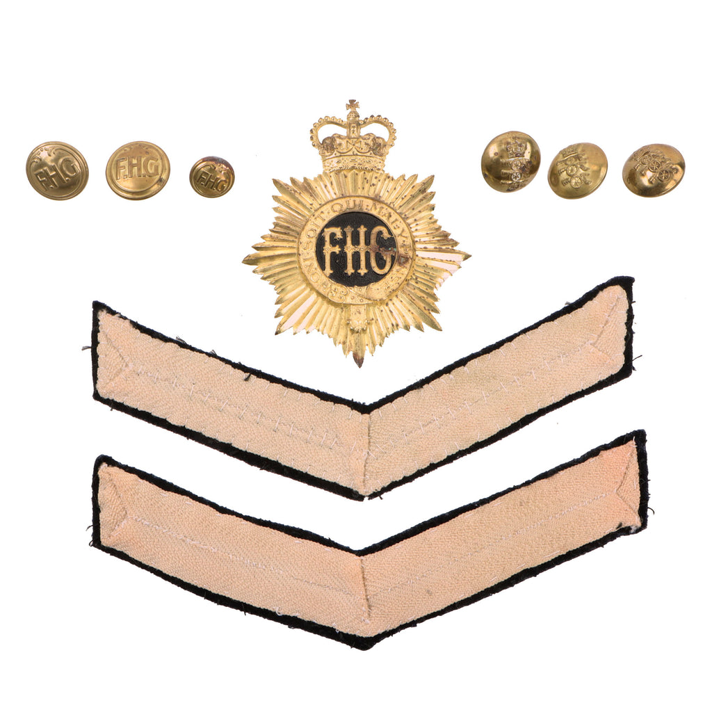 Original Canadian Governor General’s Fort Henry Guard Insignia Lot with Chevrons, Cap Badge, & Buttons Original Items