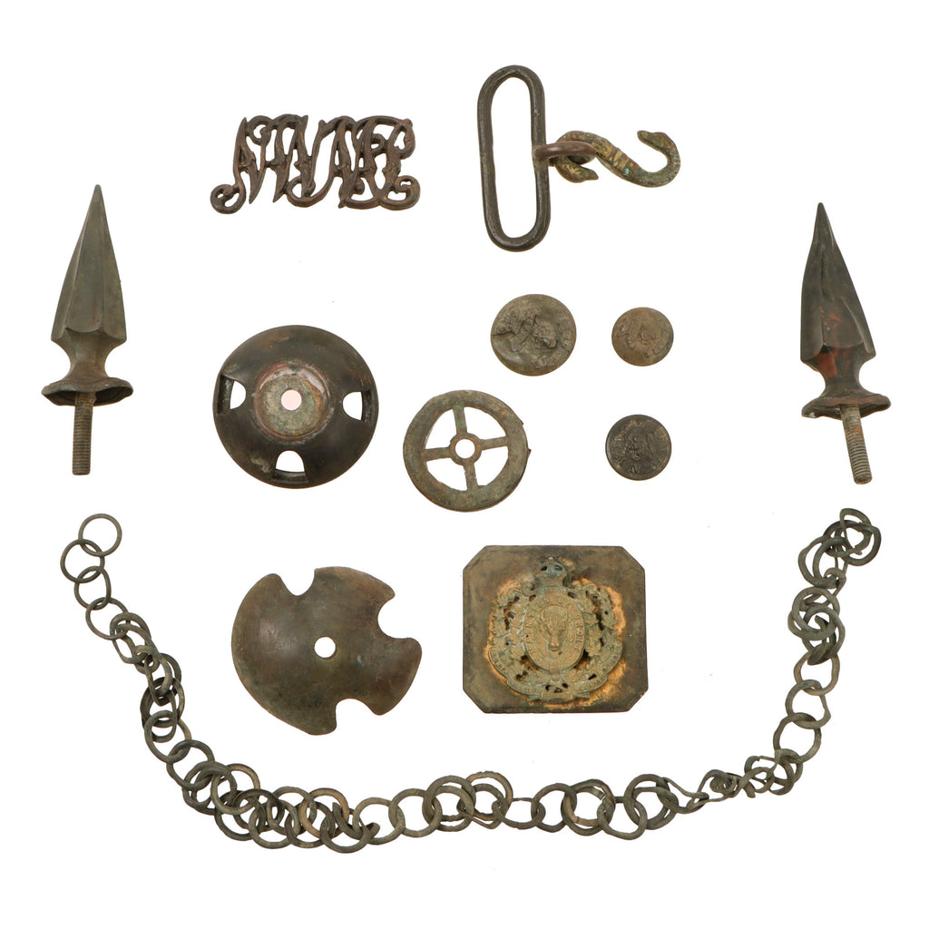 Original Canadian North-West Rebellion North West Mounted Police Dug Relics from Site of Rebellion with Belt Buckle, Buttons, and Spikes - 11 Pieces Total Original Items