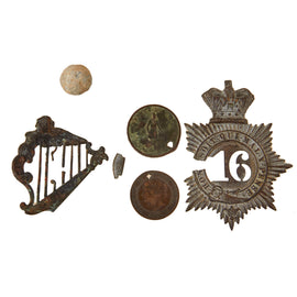 Original Canadian Fenian Raid Era Relic Lot with Holed Coins, Irish Harp Badge, 16th Regiment of Foot Badge & Musket Ball - Purported Ground Finds