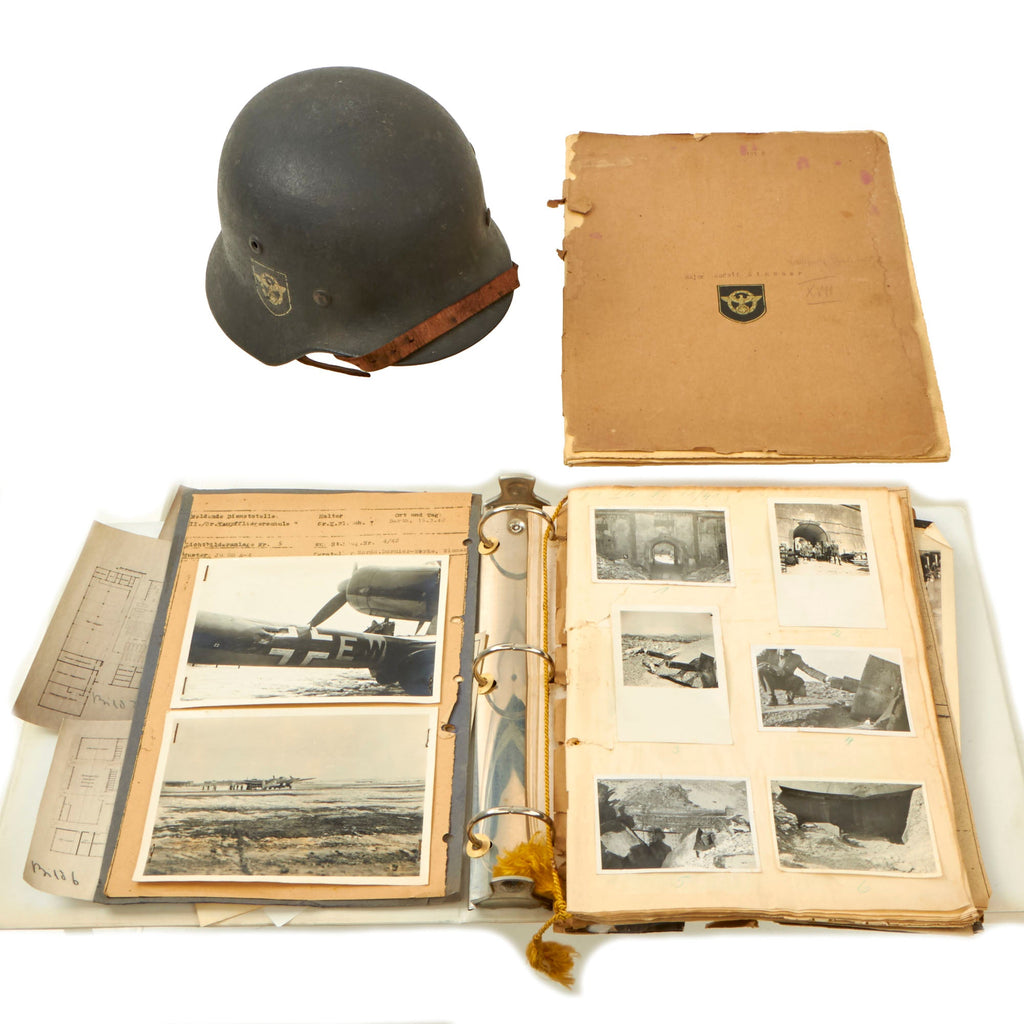 Original German WWII Luftwaffe Police Inspector Major Rudolf Bindner Large Document and Photo Research Grouping with Luftwaffe Police Helmet Original Items
