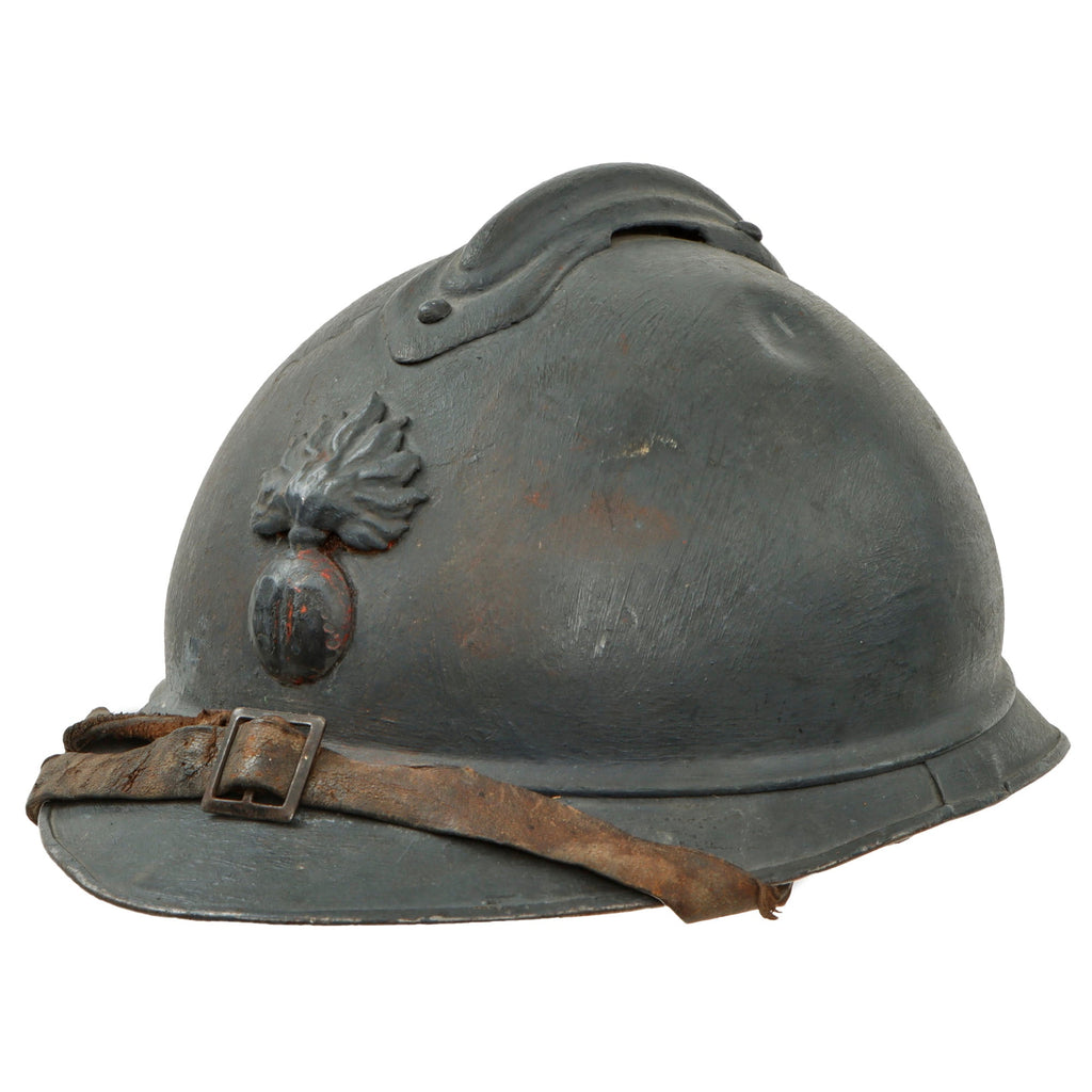Original French WWI Issue Model 1915 Infantry Adrian Helmet in Horizon Blue with Scarce 1st Pattern Liner & Chinstrap (Copy) Original Items