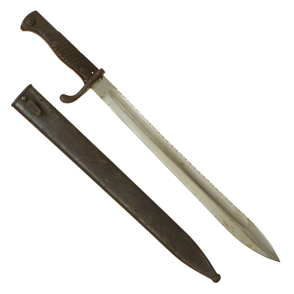 Original German WWI M1898/05 n/A Butcher Sawback Bayonet by DEMAG with Steel Scabbard & Excellent Blade - Dated 1916 Original Items