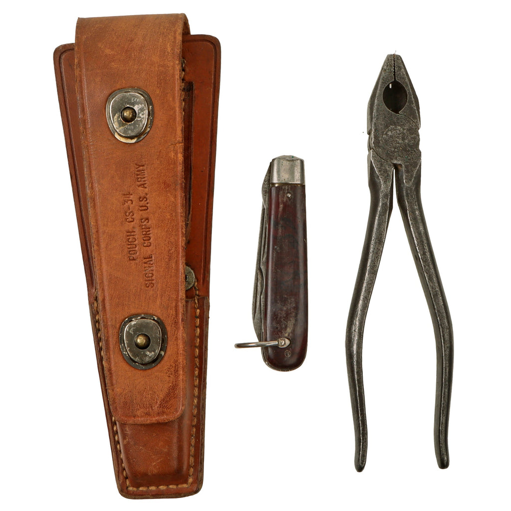 Original U.S. WWII US Army Signal Corps Lineman’s Tool Set With CS-34 Leather Pouch, TL-29 Pocket Knife and Utica Tools 50 7 Pliers Original Items