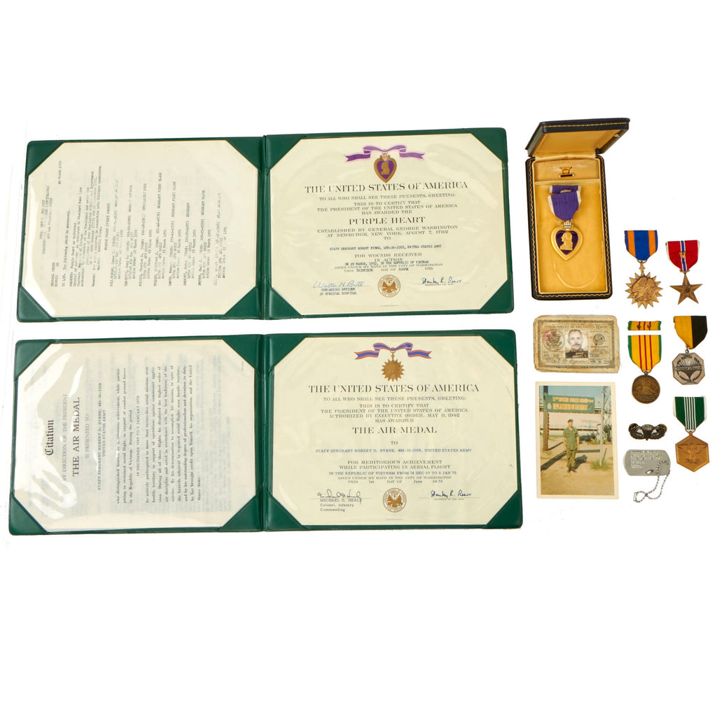 Original U.S. Vietnam War 5th Special Forces Group Engraved Purple Heart, Air Medal, & Bronze Star Grouping with Service Record, Certificates & Armed Forces Card - Robert Dean Byrne Original Items