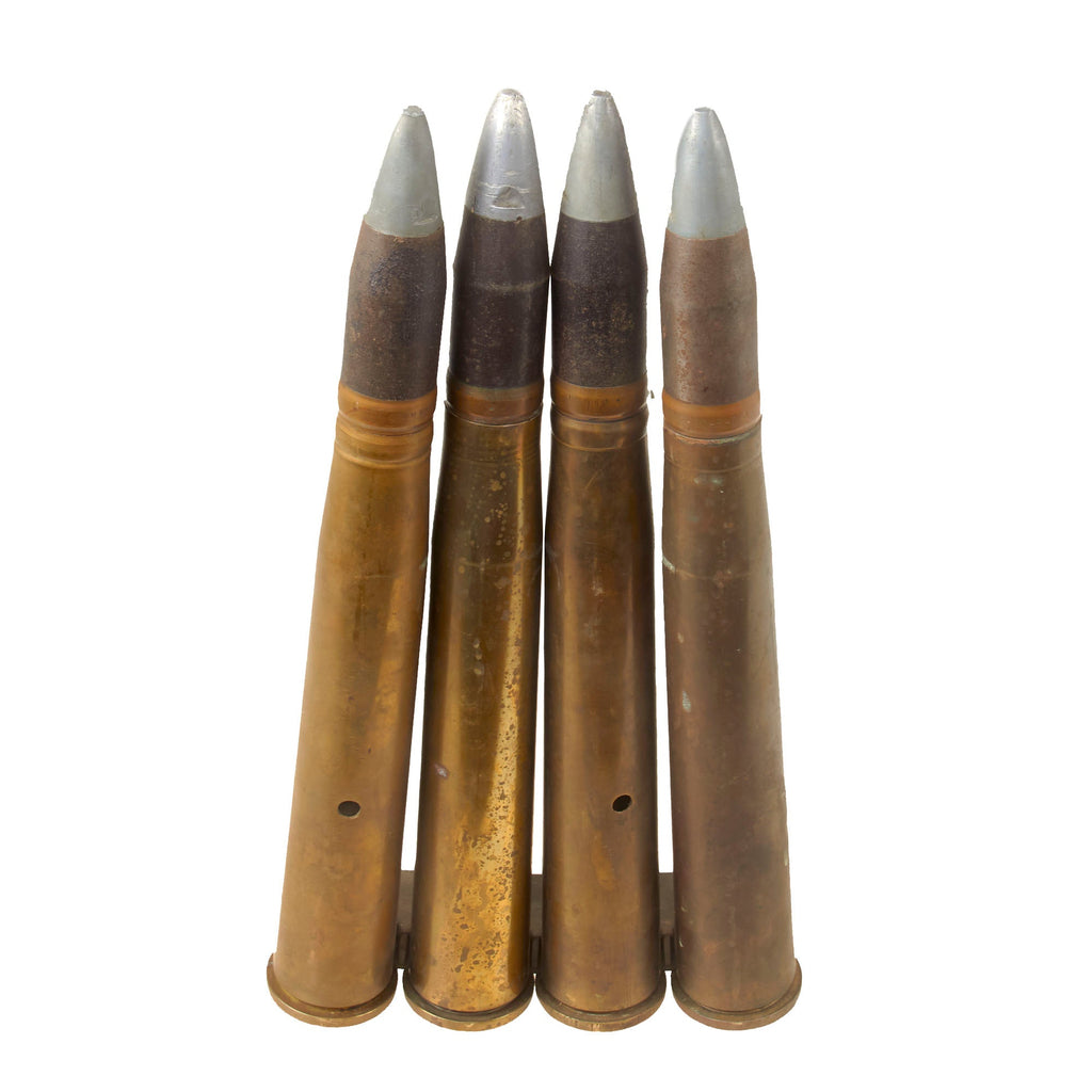 Original U.S. WWII Set of Four 1942 & 1943 Dated 40mm Bofors Gun Rounds with Original 1945-Dated Clip - Inert Original Items