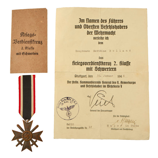 Original German WWII War Merit Cross 2nd Class with Swords by Robert Hauschild with Named Award Document and Packet - KvKII Original Items