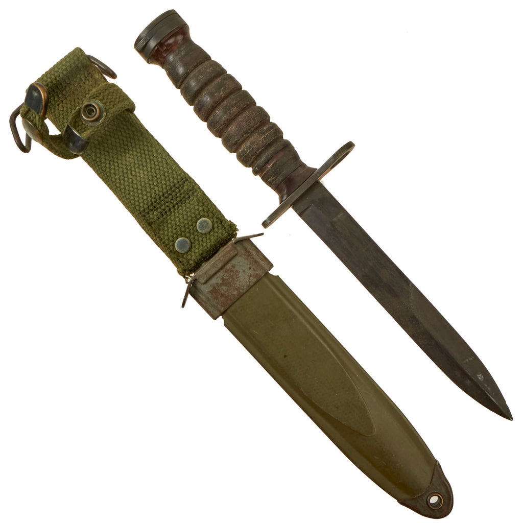 Original U.S. WWII M4 Bayonet for the M1 Carbine by IMPERIAL with M8A1 Scabbard by Pennsylvania Working Home for the Blind Original Items