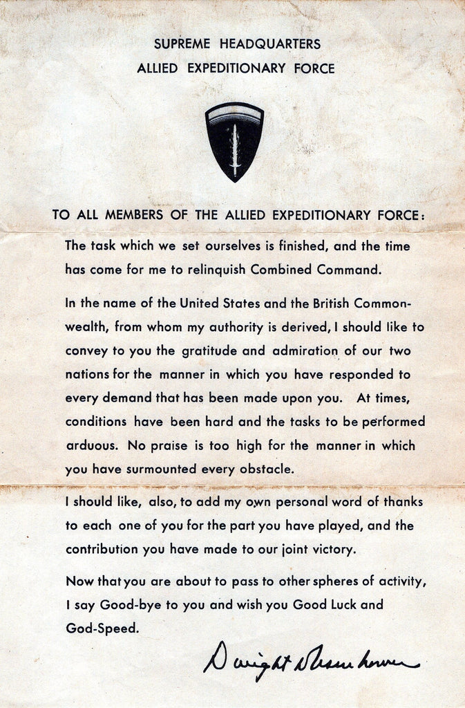 Original U.S. WWII SHAEF Eisenhower Letter Sent to the Troops After D-Day Original Items