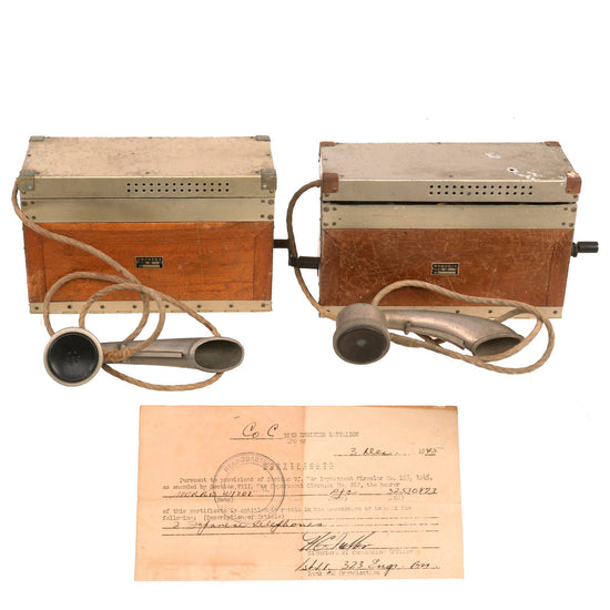 Original Japanese WWII U.S. G.I. Captured Pair of Imperial Japanese Army Type 92 Field Telephones with Capture Paper - 323rd Engineer Battalion Original Items