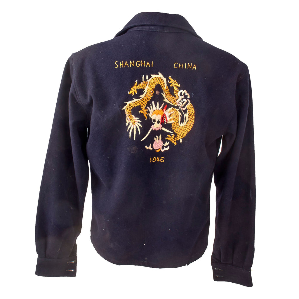 Original U.S. WWII US Navy Chief Petty Officer Shirt Custom Tailored As A Souvenir Jacket With Extensive Chinese Dragon Embroidery - Dated 1946 Original Items