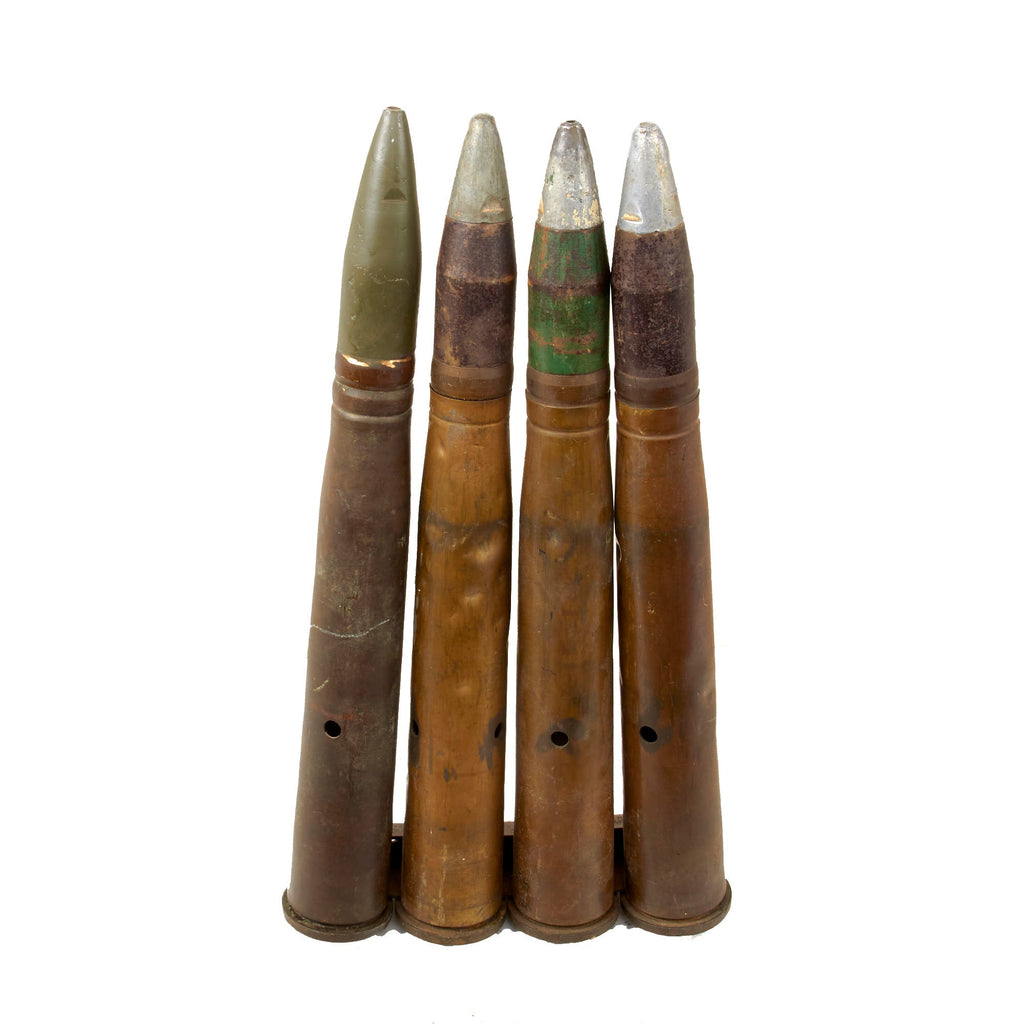 Original U.S. WWII Set of Four 1942 Dated 40mm Bofors Gun Rounds with Original Clip - Inert Original Items