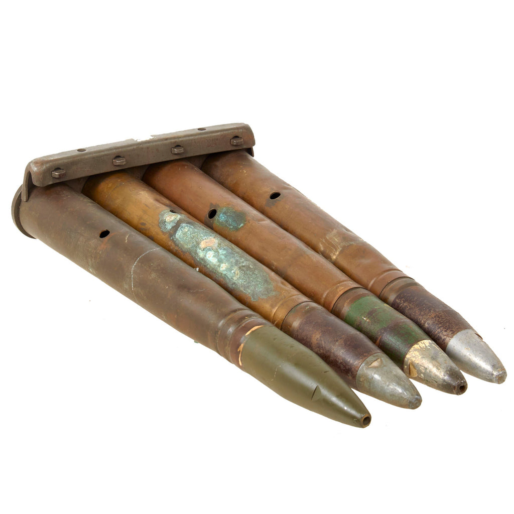Original U.S. WWII Set of Four 1942 Dated 40mm Bofors Gun Rounds with Original Clip - Inert Original Items