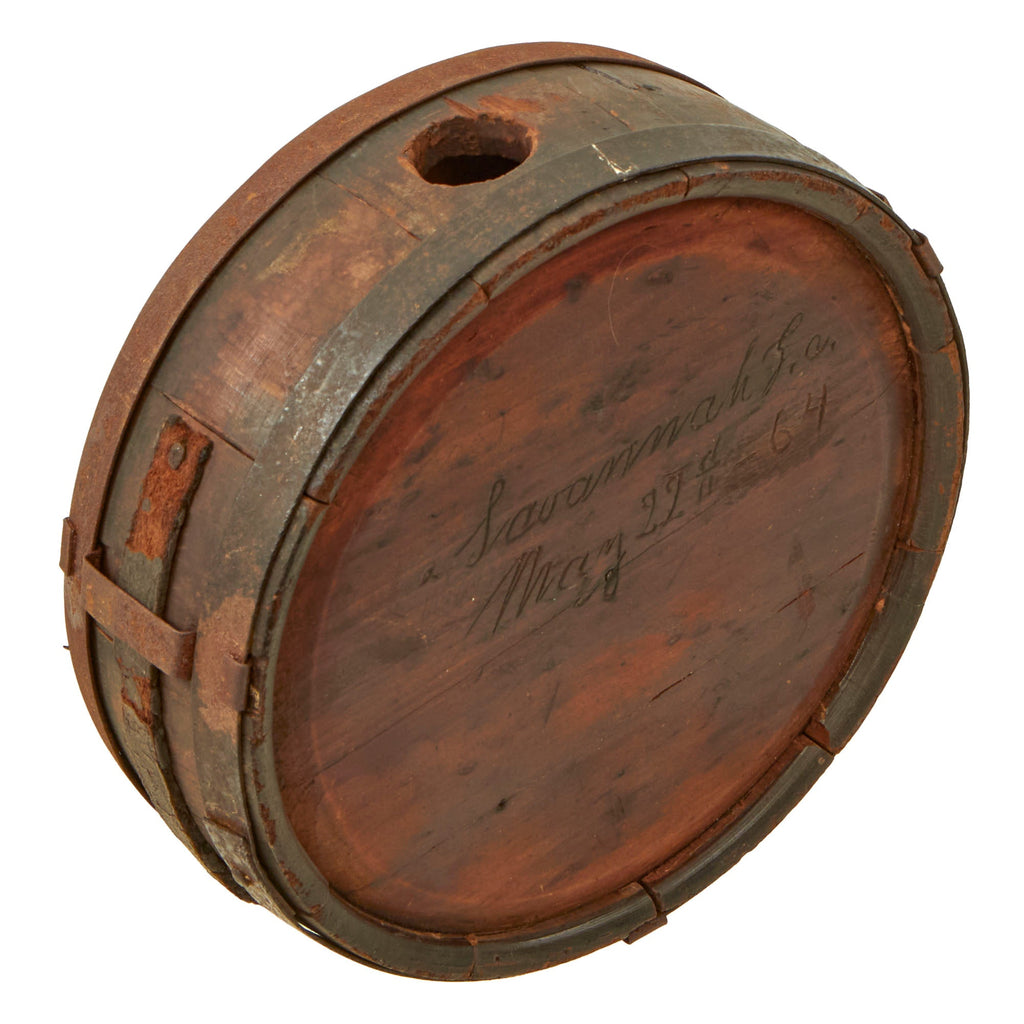 Original U.S. Civil War Rare Confederate Issue “Gardner” Pattern Wooden Drum Canteen with Federal Savannah 1864 Capture Marking & Remnants of Leather Carry Strap
