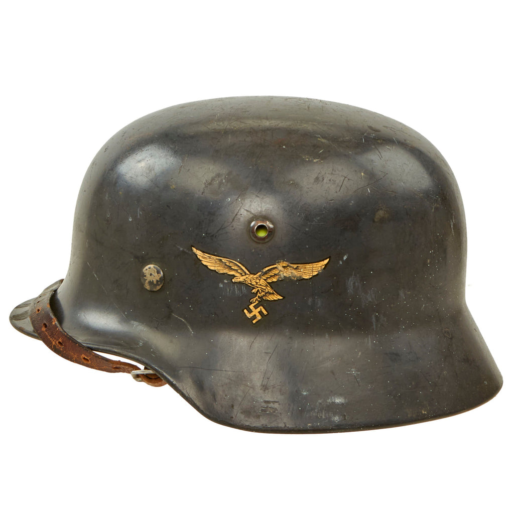 Original German WWII 1939 Dated Luftwaffe M35 Double Decal Steel Helmet with Dome Stamp, 58cm Liner & Chinstrap - marked Q66 Original Items